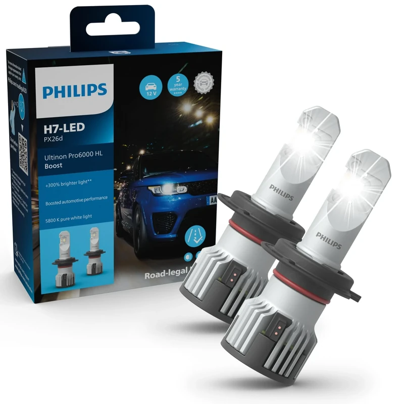 Philips Ultinon Pro6000 Boost H7 LED Headlight Bulb with Road Legal*, 300% Brighter Light**, Silver