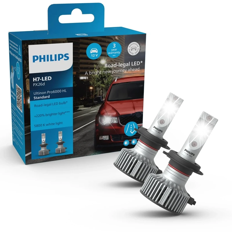 Philips Ultinon Pro6000 Standard H7 LED Headlight Bulb with Road Approval*, +220% Brighter Light**