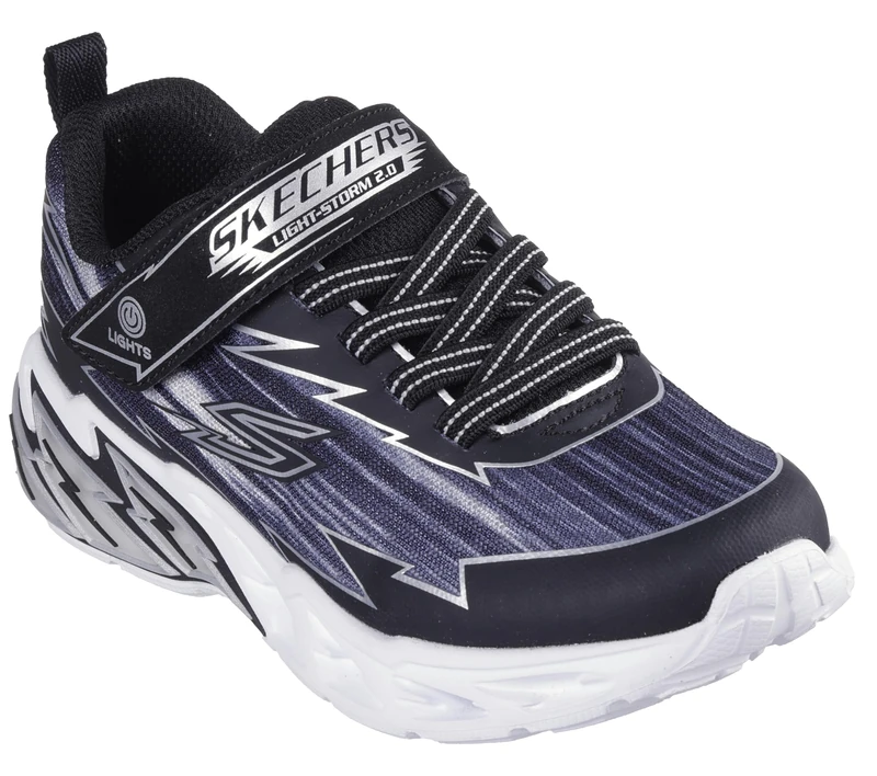 Skechers Boy's Light Storm 2.0 Bolt-Brights Sneaker, Black & Gray Synthetic/Textile/Silver Tri, 1 UK