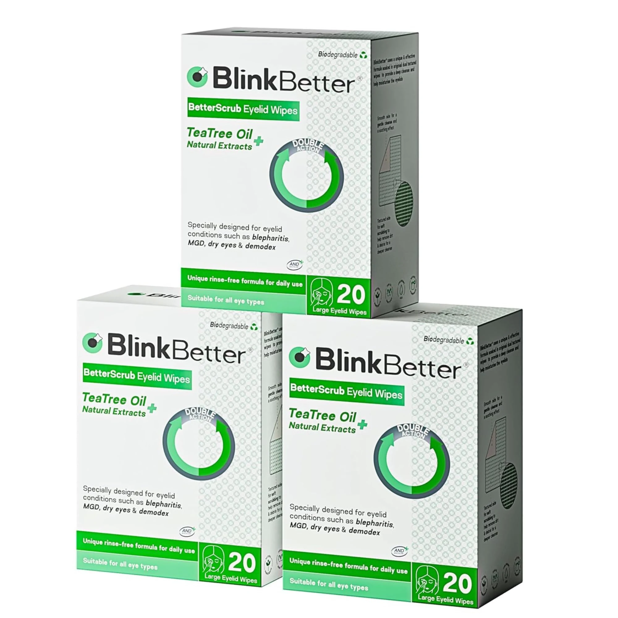 BlinkBetter Tea Tree Oil Eyelid Wipes - 60 x Natural Blepharitis, MGD & Dry Eye Relief Wipes | Cleansing, Soothing, Dual-Textured, Triple Moisture Formula | Biodegradable & Gentle (Pack of 3)