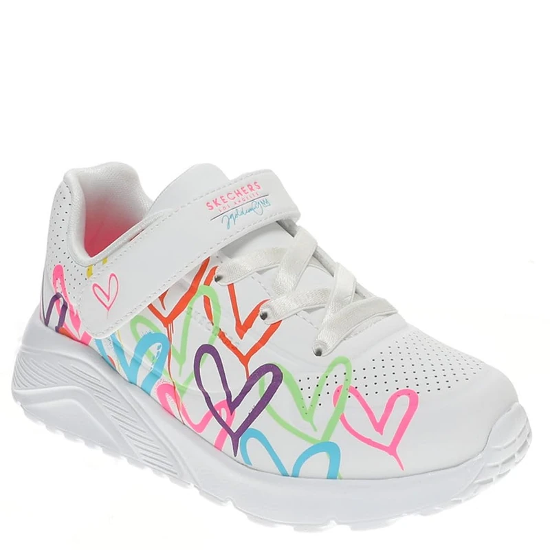 Skechers Baby Girl's Uno Lite Love Levitate Sneakers, White Synthetic/Neon Multi Trim, 4 UK Child