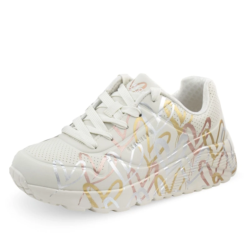 Skechers Girl's Uno Lite Metallic Love Sneakers, Natural Pu/Multi Trim, 13.5 UK Child