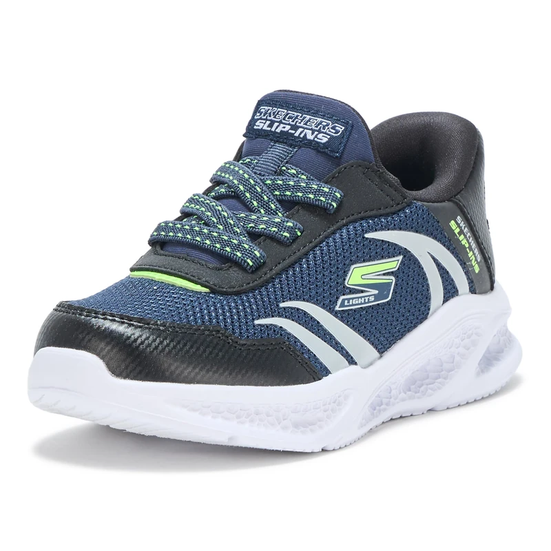 Skechers Boy's Skechers Meteor-Lights Brisk-Beams Sneakers, Navy Synthetic/Textile/Black & Lime Trim, 2.5 UK Child