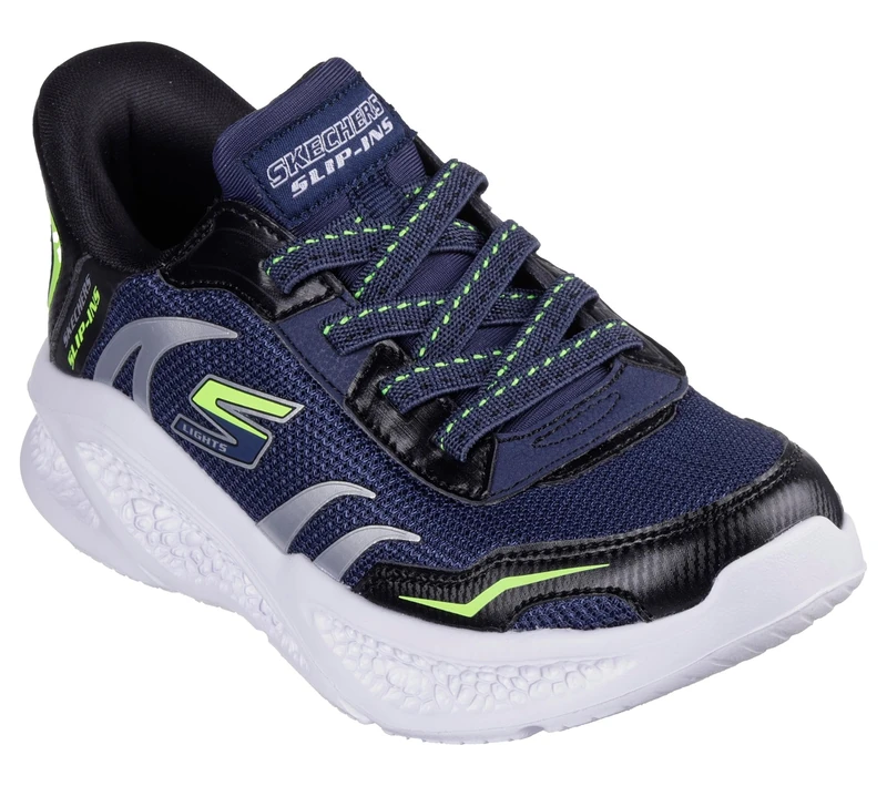 Skechers Boy's Meteor-Lights Brisk-Beams Sneakers, Navy Synthetic/Textile/Black & Lime Trim, 3.5 UK Child