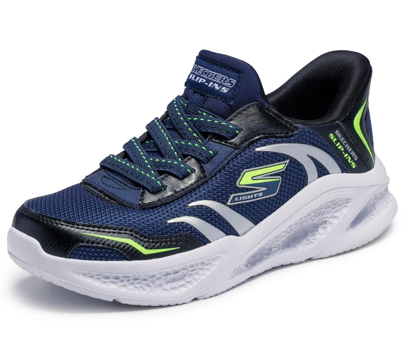 Skechers Boy's Skechers Meteor-Lights Brisk-Beams Sneakers, Navy Synthetic/Textile/Black & Lime Trim, 4 UK Child