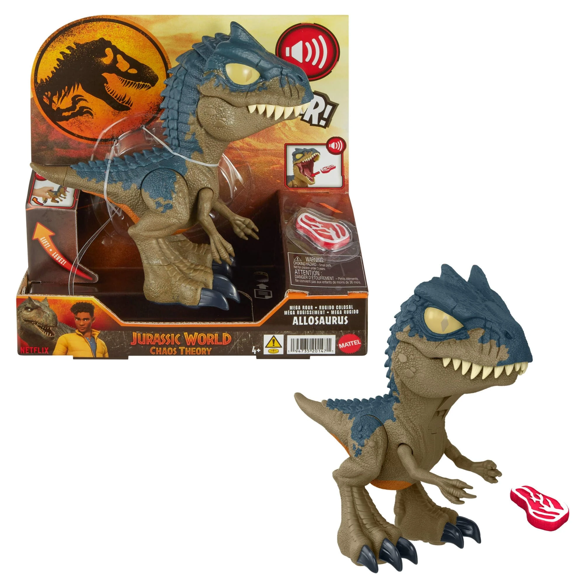 Mattel Jurassic World: Chaos Theory Netflix - Chomp Chomp Mega Roar Allosaurus Dinosaur Toy with Sound & Stretchable Jaw Tendons, Increasing Roar Levels & Feeding Feature, Ages 4 Years & Up, HVB45