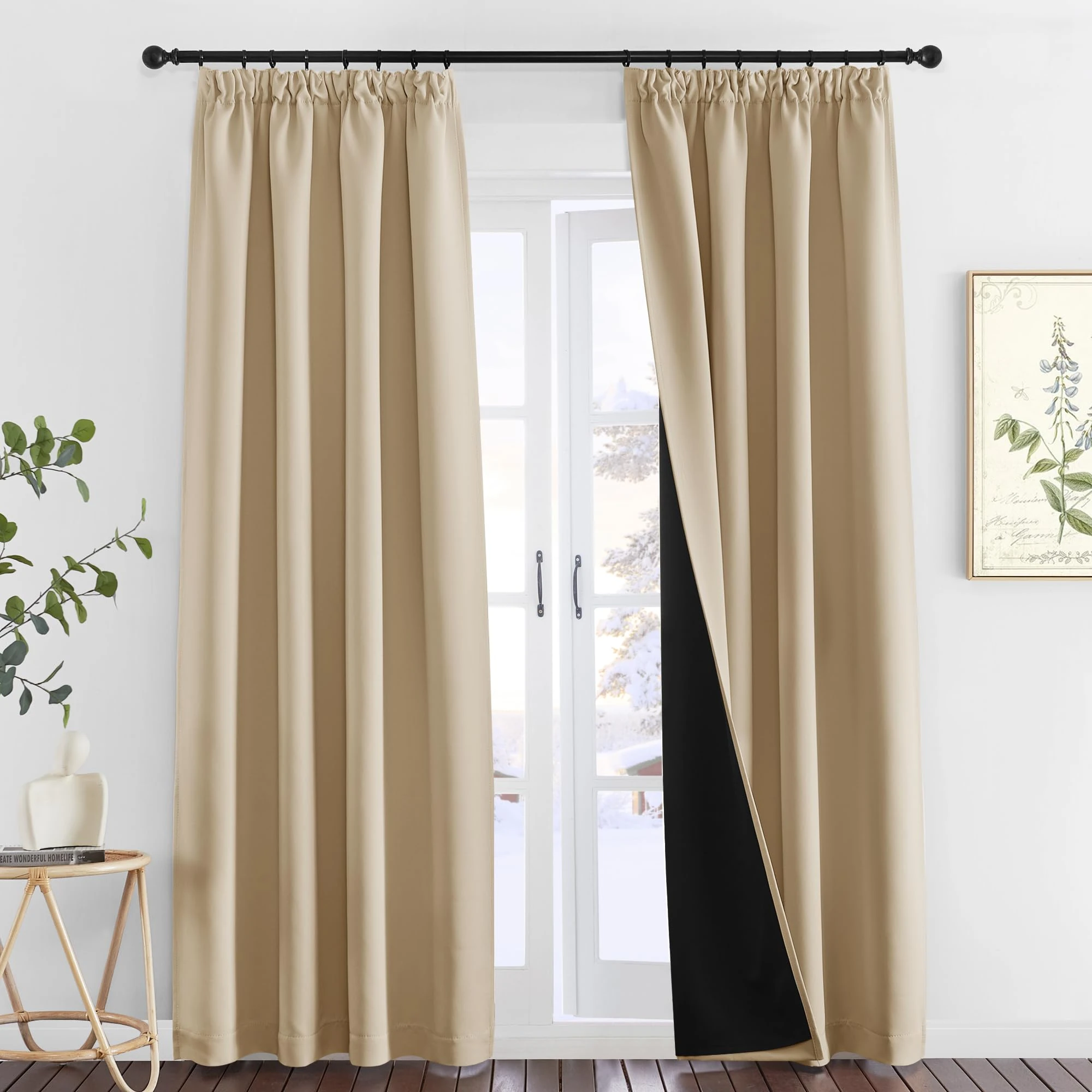 PONY DANCE 100% Blackout Pencil Pleat Curtains - Double Layered, Short Thermal Insulated Curtains & Drapes for Bedroom/Kitchen, 2x W55 X L96, Biscotti Beige