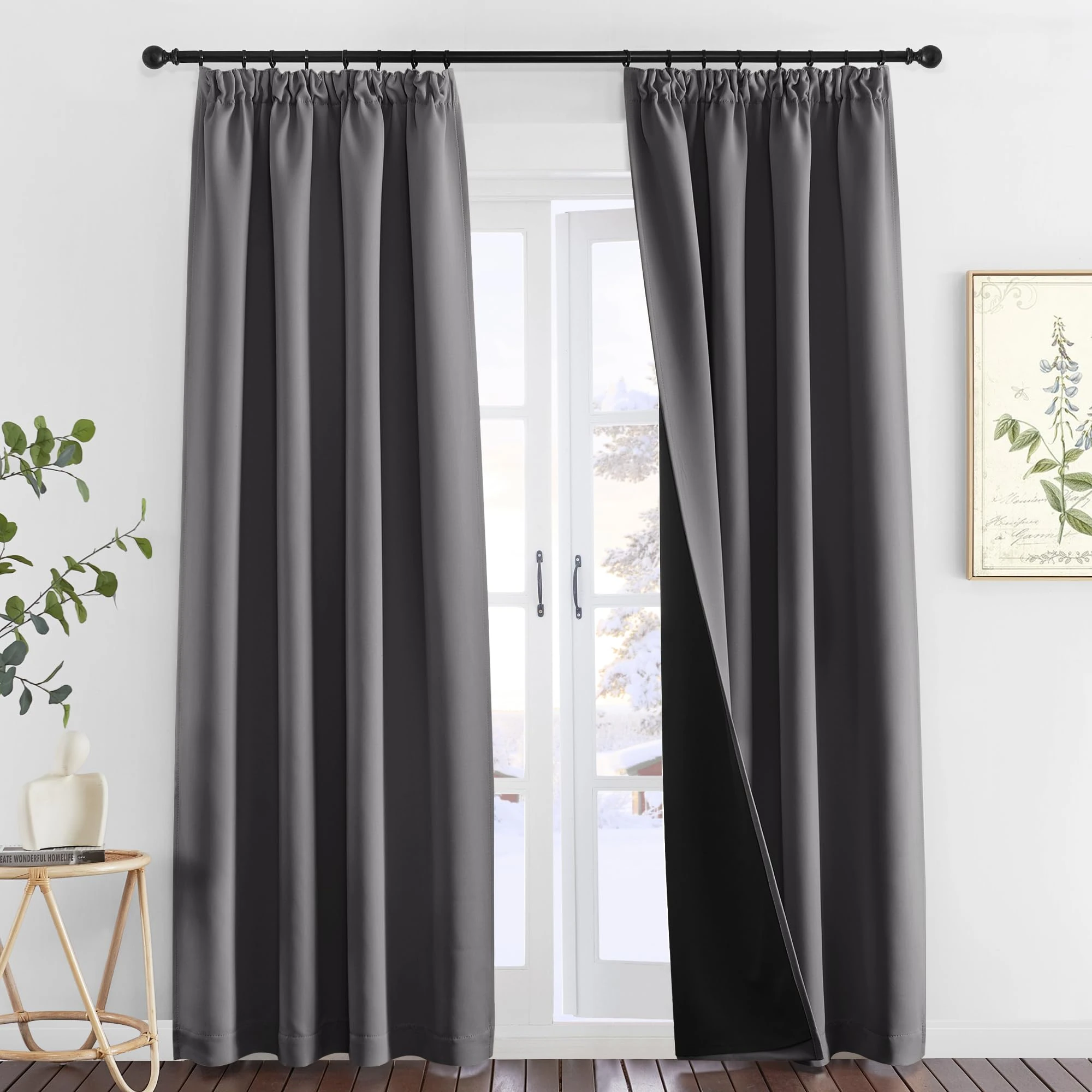 PONY DANCE 100% Blackout Pencil Pleat Curtains - Double Layered Short Grey Thermal Insulated Curtains & Drapes for Bedroom/Kitchen, 2x W55 X L86