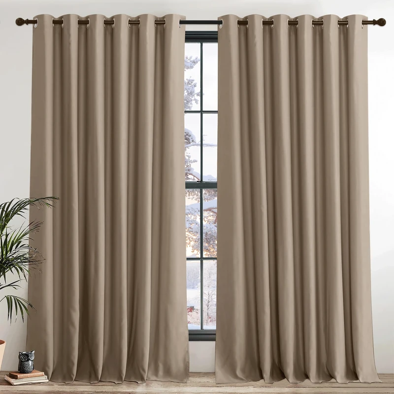 PONY DANCE Blackout Mocha Curtains for Bedroom - Thermal Insulated Curtains with Eyelet 2 Panels, 90 Inch Width x 90 Inch Drop Noise Reducing Energy Saving Drapes for Living Room/Hotel