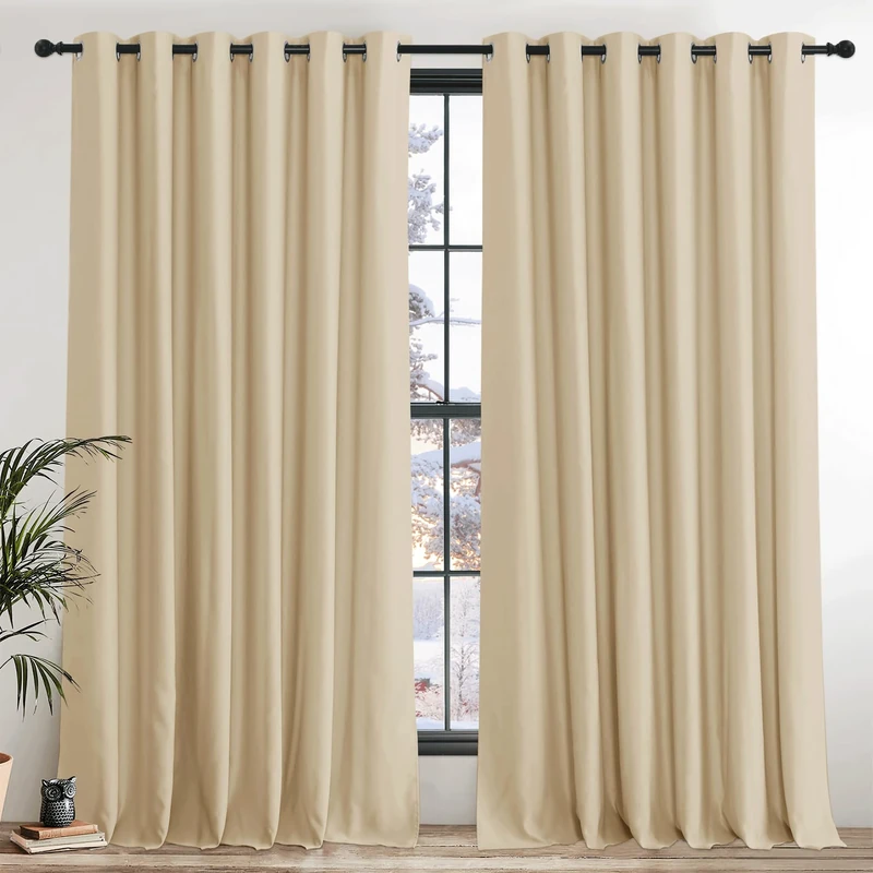 PONY DANCE Beige Energy Saving Privacy Curtains for Bedroom - 2 Panels Thermal Door Curtains 90 x 90 Inch Noise Reduce Drapes for Living Room/Hotel/Home Office/Hallway/Kitchen, Biscotti Beige
