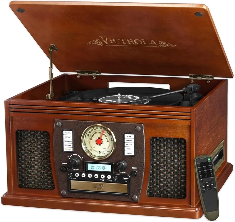 Victrola Navigator 8-in-1 Bluetooth Record Player with Built-in Speakers – 3 Speed, CD Player, Cassette, FM Radio, USB, RCA Out, Headphone Jack, Wireless Music Streaming, Real Wood (Mahogany)