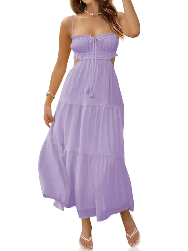 Fisoew Women's Spaghetti Strap Maxi Dress Summer Sleeveless Side Cut Out Dress Casual Boho Backless Flowy Long Dresses, Light Purple, L
