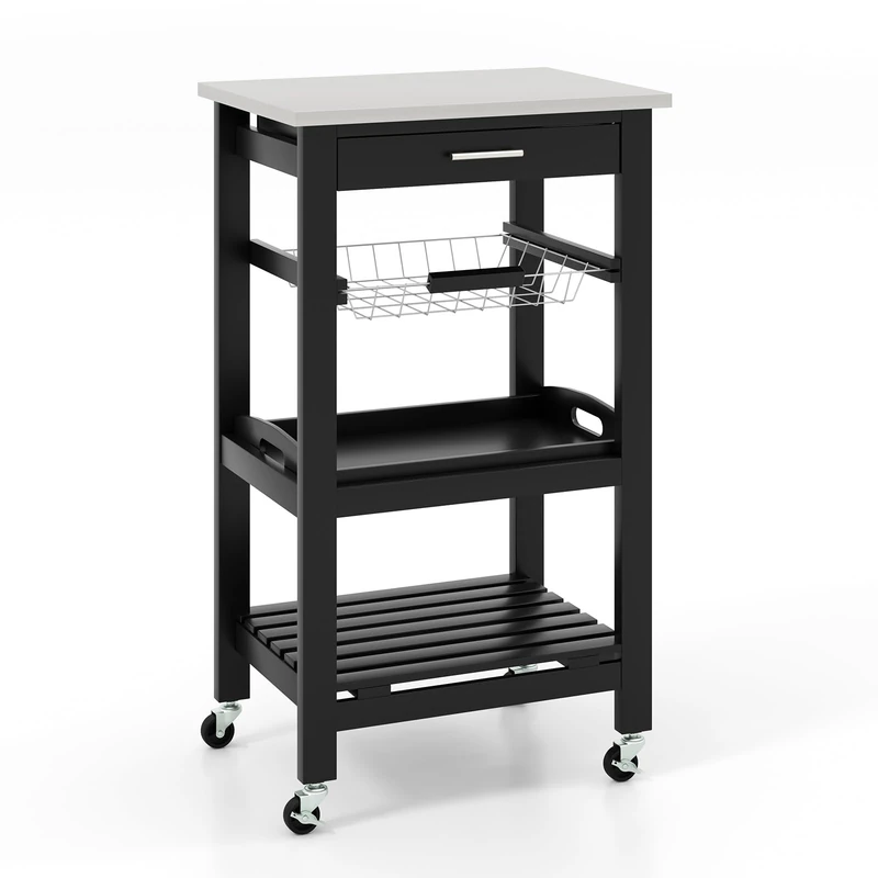 GiantexUK 4-Tier Kitchen Storage Trolley on Wheels, Rolling Storage Cart with Stainless Tabletop, Pull-out Drawer & Wire Basket, Mobile Utility Serving Cart for Dining Living Room (Black Body)
