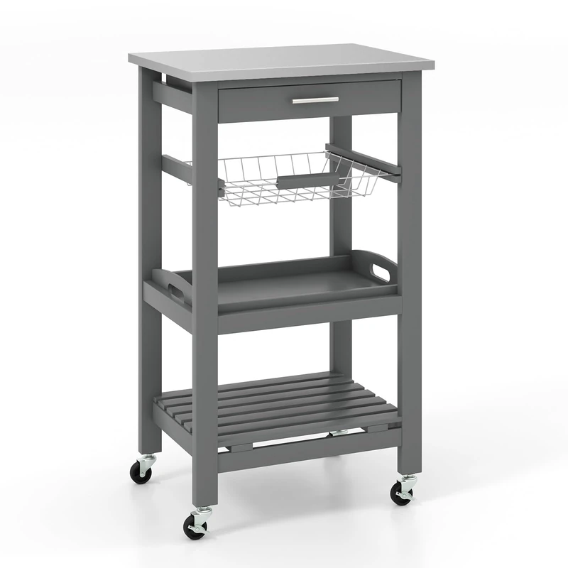 GiantexUK 4-Tier Kitchen Storage Trolley on Wheels, Rolling Storage Cart with Stainless Tabletop, Pull-out Drawer & Wire Basket, Mobile Utility Serving Cart for Dining Living Room (Grey Body)