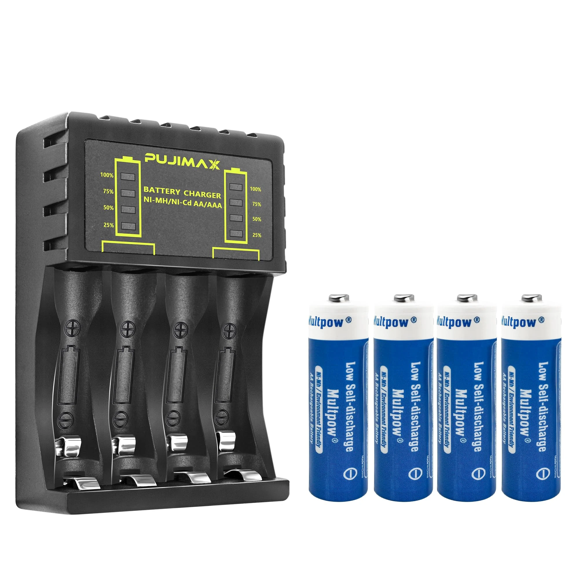 LED Display 4 Slot Battery Charger with Discharge Function for AA, AAA, Ni-Mh Ni-Cd Rechargeable Batteries, Type C and Micro USB Input(5V 2A), Fast Charging Function (4AA)