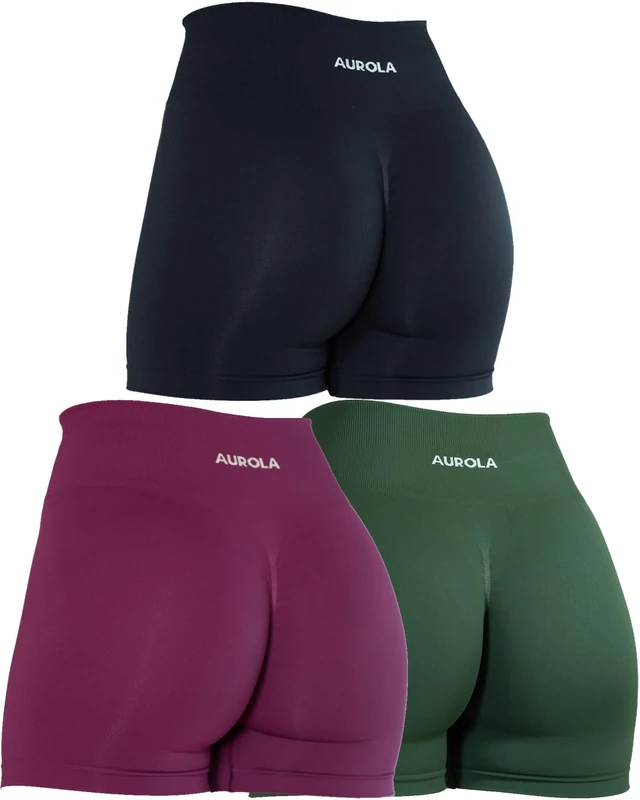 AUROLA Dream Collection Workout Shorts for Women Scrunch Seamless Soft High Waist Gym Shorts, Pack (Dark Black/Mountain View/Magenta), M