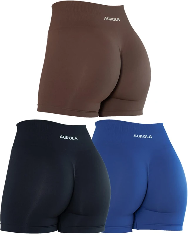 AUROLA Dream Collection Workout Shorts for Women Scrunch Seamless Soft High Waist Gym Shorts, Pack (Dark Black/Surf The Web/Java Coffee), S