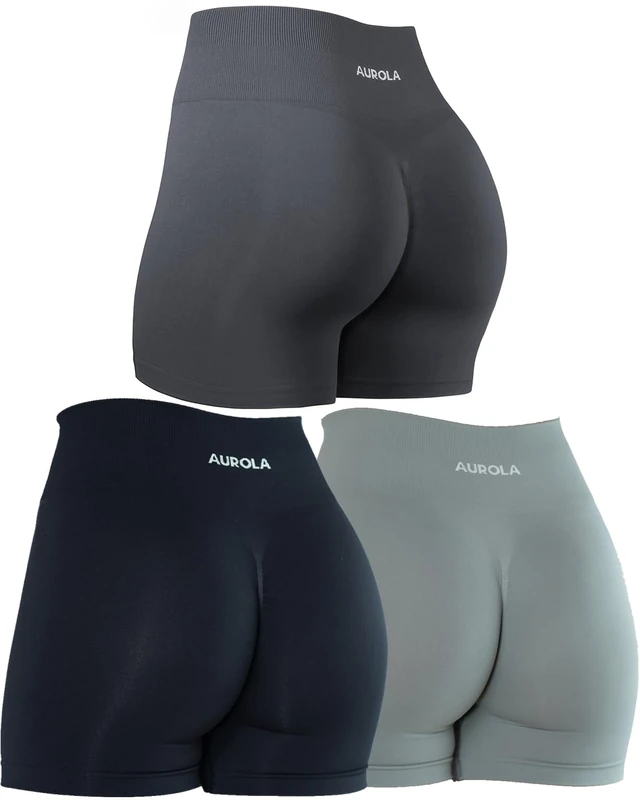 AUROLA Dream Workout Shorts for Women Seamless Soft Smooth Gym Yoga Scrunch Active Shorts, Pack (Dark Black/Asphalt Grey/Ultimate Gray), S