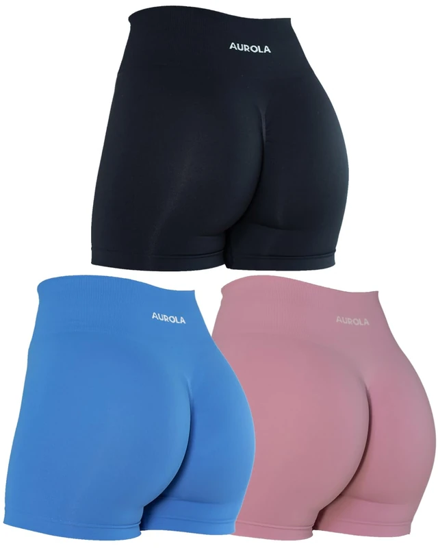 AUROLA Dream Workout Shorts for Women Seamless Soft Smooth Gym Yoga Scrunch Active Shorts, Pack (Dark Black/Diva Blue/Mauve Mist), M