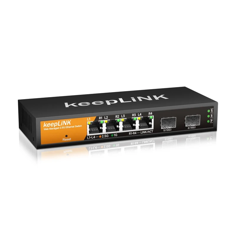 keepLiNK 6 Port 2.5G Smart Web Managed Switch, 4 x 2.5G Base-T Ports, 2 x 10G SFP+ Slots, Support Static Link Aggregation, QoS/VLAN/IGMP, Metal Fanless Multi-Gig Network Ethernet Switch