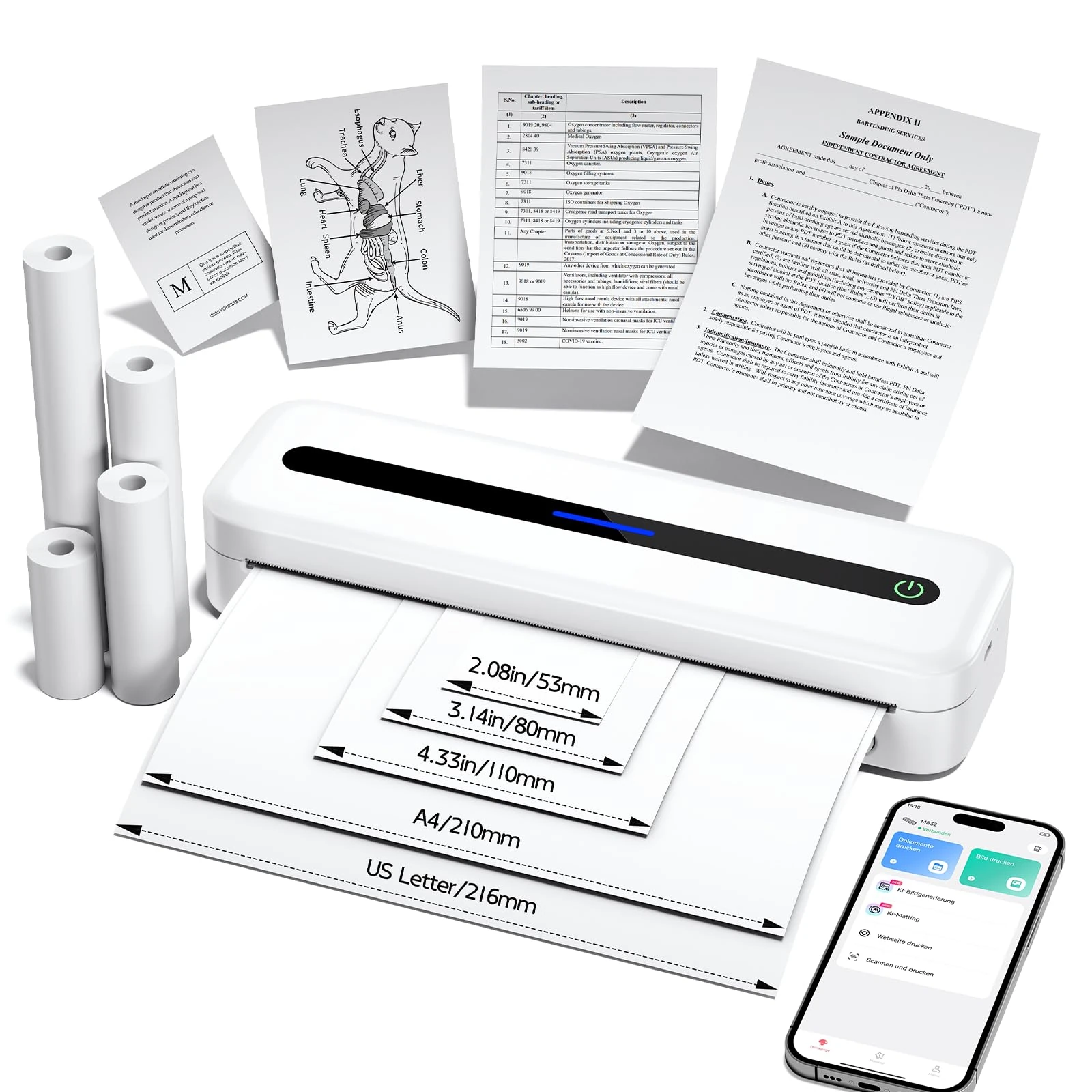 Thermal Printer A4 - Bluetooth Portable Printer 300DPI, Mobile Inkless Printers for Business, Study, Invoice, Home, Compatible with Phones & Laptops, White