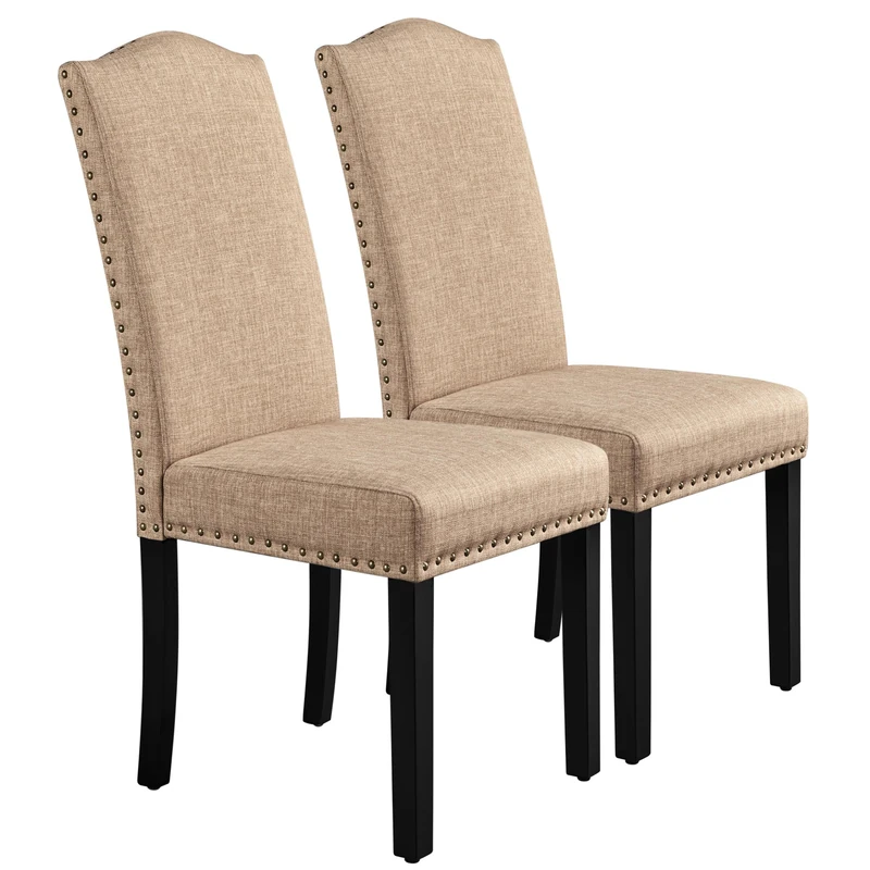Yaheetech Dining Chairs Set of 2 Upholstered Fabric Kitchen Side Chairs with High Back and Solid Wooden Legs for Home Dining Room and Kitchen, Khaki