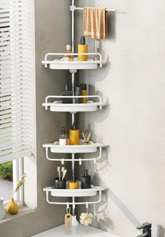 WSBArt Upgrade Sturdy Shower Caddy Tension Pole Corner Shower Caddy Bathroom Organizer 18/8 Stainless Steel Rustproof 4 Tier Adjustable Shelves for Bathtub Shampoo Accessories Storage Rack 32-122inch…