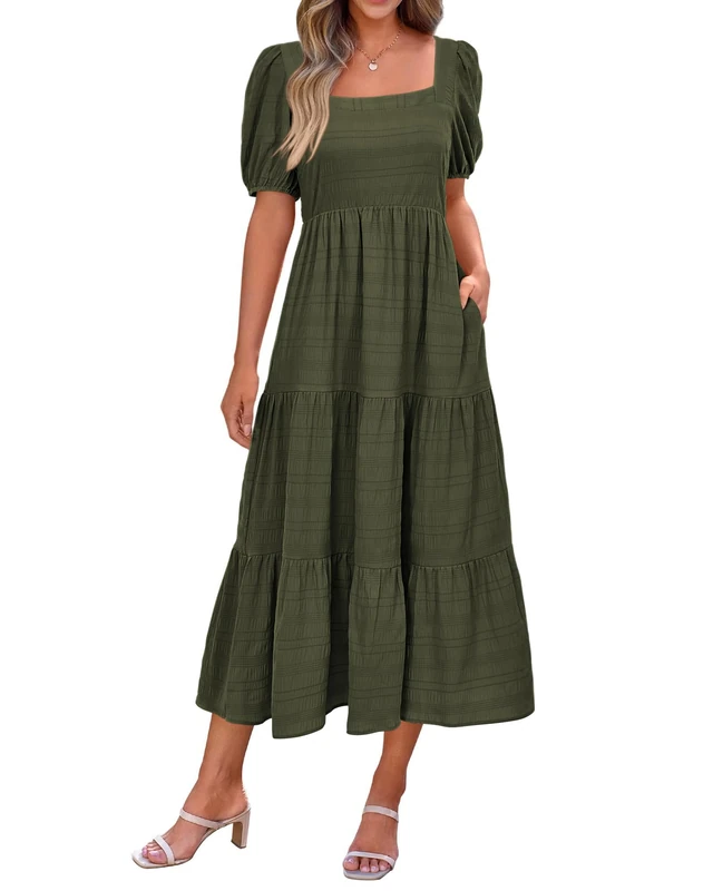 PRETTYGARDEN Women's Summer Dresses 2024 Puff Sleeve Square Neck High Waist Smocked A-Line Flowy Loose Fit Midi Dress, Solid Army Green, S - Image 1