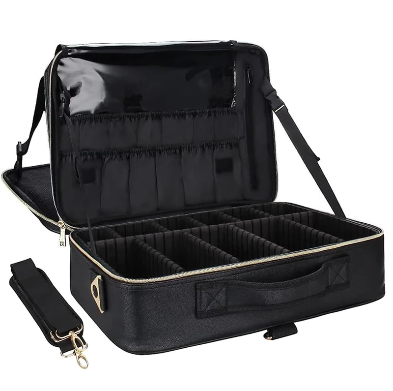 Relavel Makeup Case Large Makeup Bag Professional Train Case 16.5 Inches Travel Cosmetic Organizer Brush Holder Waterproof Makeup Artist Storage Box, Large Capacity (Leather Black)