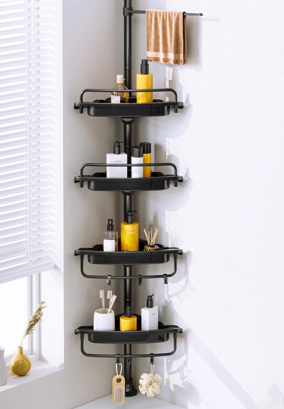 WSBArt Rustproof Shower Caddy Tension Pole Corner Shower Caddy Organizer 4 Tier Adjustable Shelves with Tension Pole and Large Capacity for Bathtub Shampoo Accessories Storage Rack 38.8-122.7inch