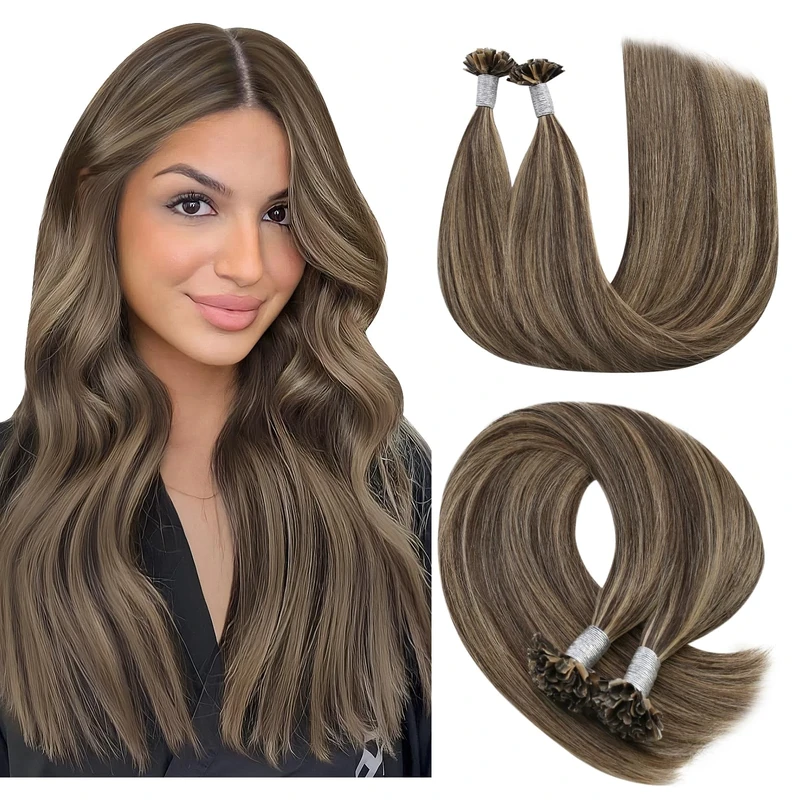 YoungSee Brown U Tips Hair Extensions Real Human Hair Highlight Brown Mixed Blonde U Tip Human Hair Highlight Hot Fusion Hair Extensions Utip 20In 1G/S 50G