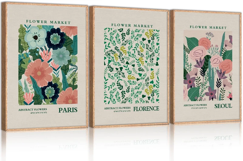HPNIUB HPINUB Flower Market Framed Canvas Wall Art Set, Minimalist Modern Art Boho Print Wall Decor,Abstract Colorful Floral Botanical Painting for Girls Room, Bedroom Gallery Decor - 16""x24""x3