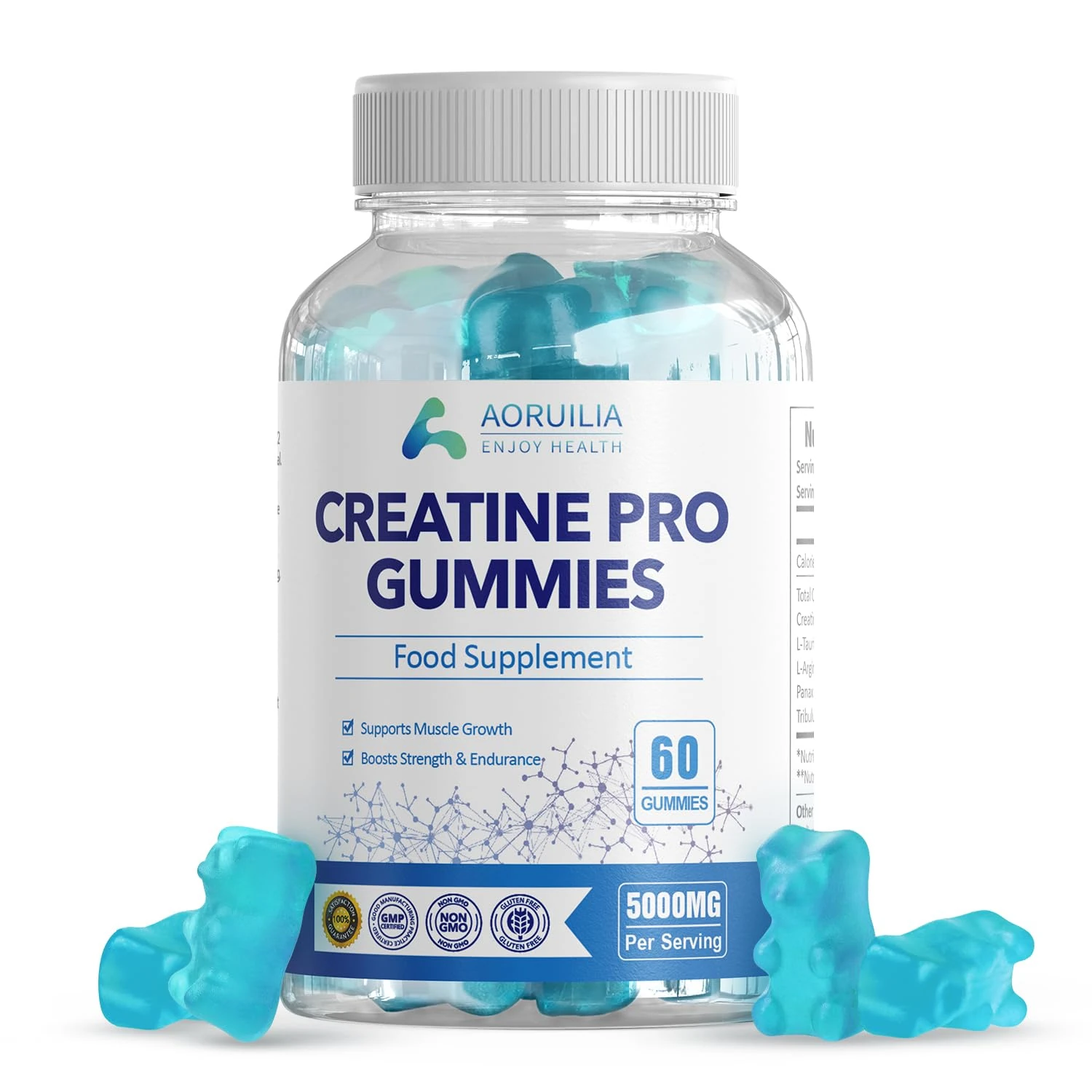 Aoruilia Creatine Gummies for Men & Women 5000mg 60 Chewable Creatine Monohydrate Gummies for Muscle Strength & Growth Sugar Free Pre-Workout Supplementm Vegans Gym (Blueberry Flavour)