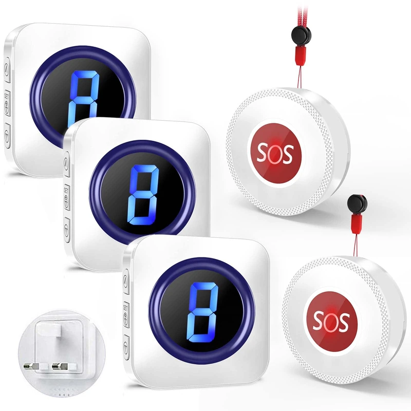 Wireless Caregiver Pager for Elderly, Personal Alarm Call Bell, 1,000FT Long Range Buzzer Call Bell for Elderly with 3 Plug in Receivers 2 SOS Call, LED Flash with 55 Chimes 5 Volumes Levels