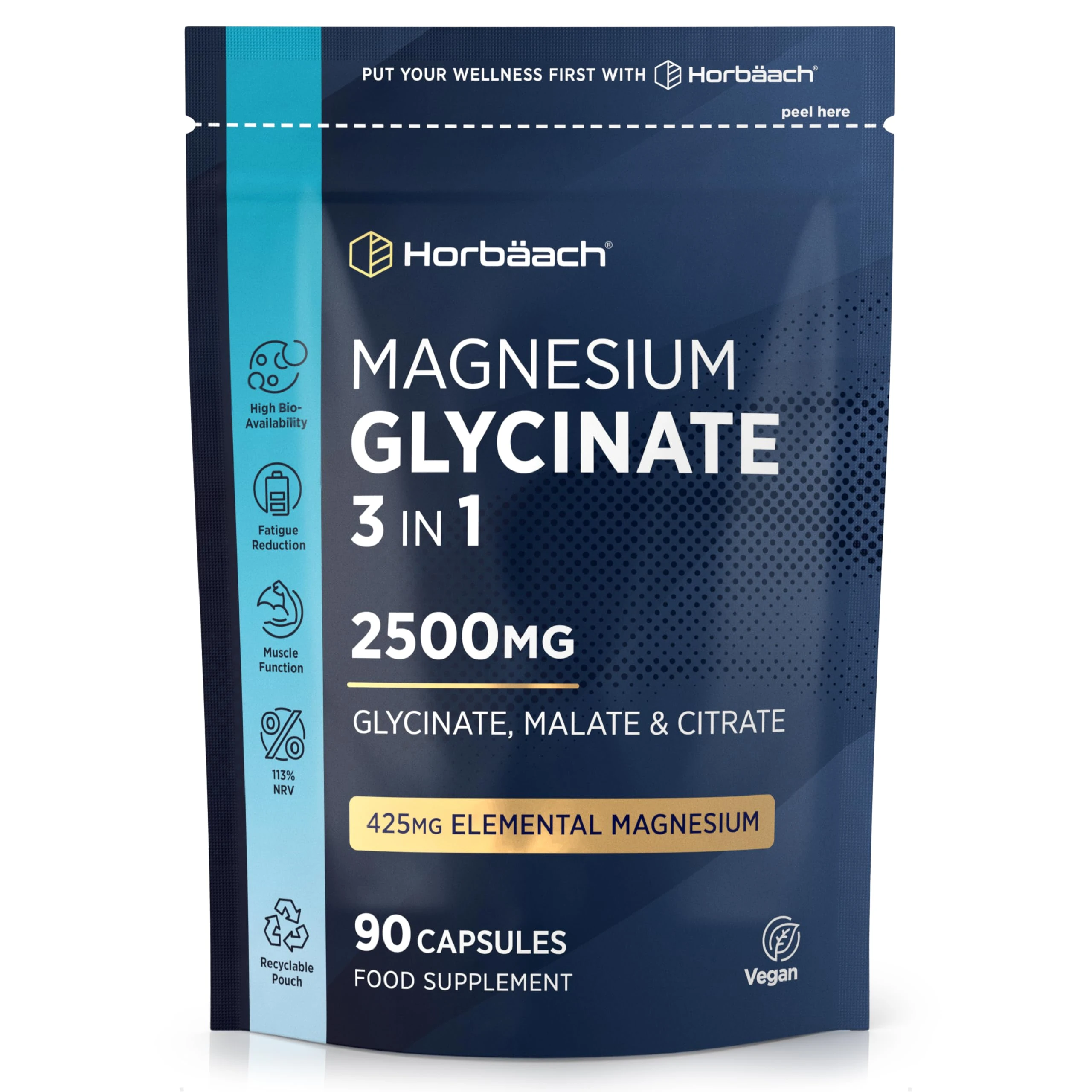 Magnesium Glycinate Complex 3-in-1 2500mg (425mg Elemental) | High Strength Bisglycinate, Malate & Citrate Blend | 115% NRV | Supplement for Men & Women | 90 Vegan Capsules | by Horbaach