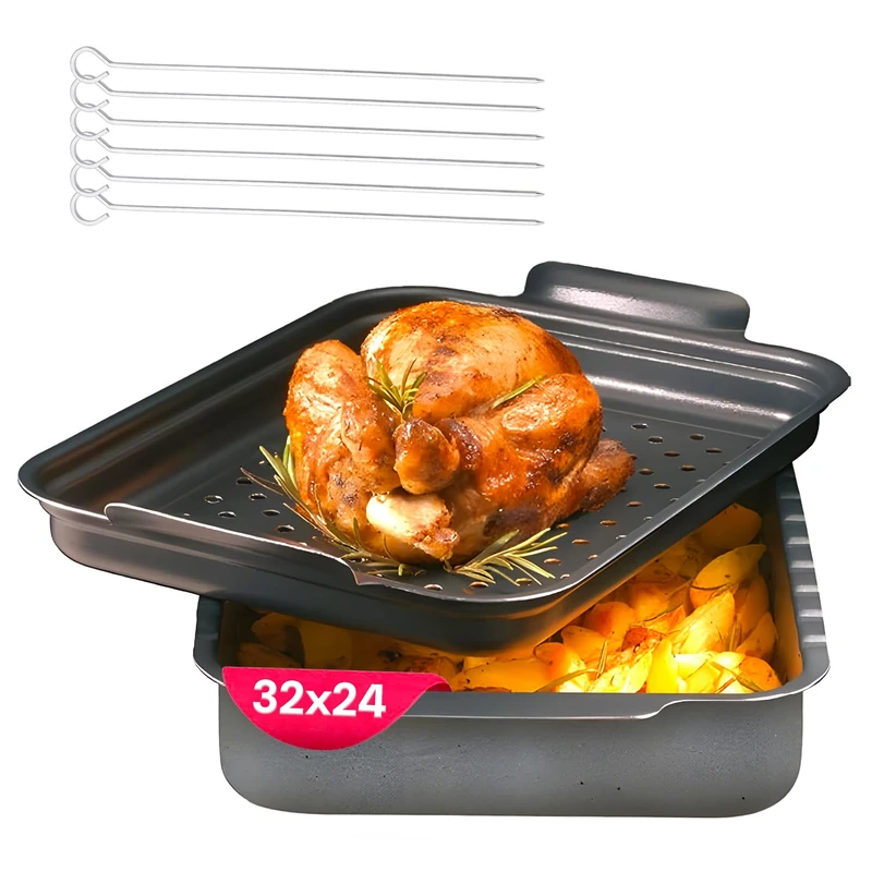 Non-Stick Roaster with Skewers 32 x 24 cm – Perforated Pan in Reinforced Stone for Pizza, Lasagne, Rolls and Grills, Multi-Purpose Aluminium Baking Tray - Image 1