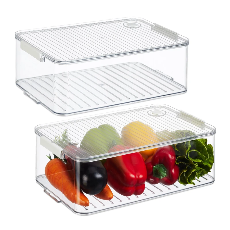 Relaxdays Fridge Organiser, Set of 2, Refrigerator Inserts, Lid & Date, Kitchen, HxWxD: 10.5 x 21 x 33 cm, Transparent
