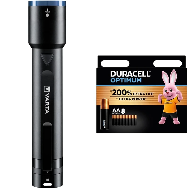VartaNightCutterF40,Black + Duracell Optimum AA Batteries (8 pack) - Alkaline Batteries 1.5V - Up To 200% Extra Life or Extra Power - Meets Demands Of Modern Devices - 100% Recyclable, 0% Plastic Pack