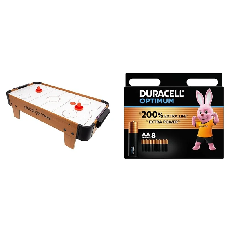 Global Gizmos 55979 Jeu de Hockey sur Table de Luxe Comprenant 2 attaquants et 2 palets/léger et Portable/Fonctionne avec piles/71 cm x 37 cm x 21 cm Blanc + Piles AA Duracell Optimum (lot de 8) - Pil