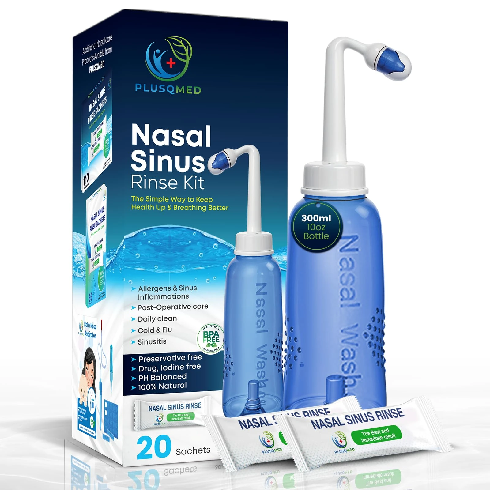 Nasal Rinse Kit – 300ml Bottle + 20 Saline Packets – Neti Pot for Sinus Relief & Nasal Hygiene – PH Balanced, Drug-Free, Preservative-Free – Suitable for Adults & Children 5+