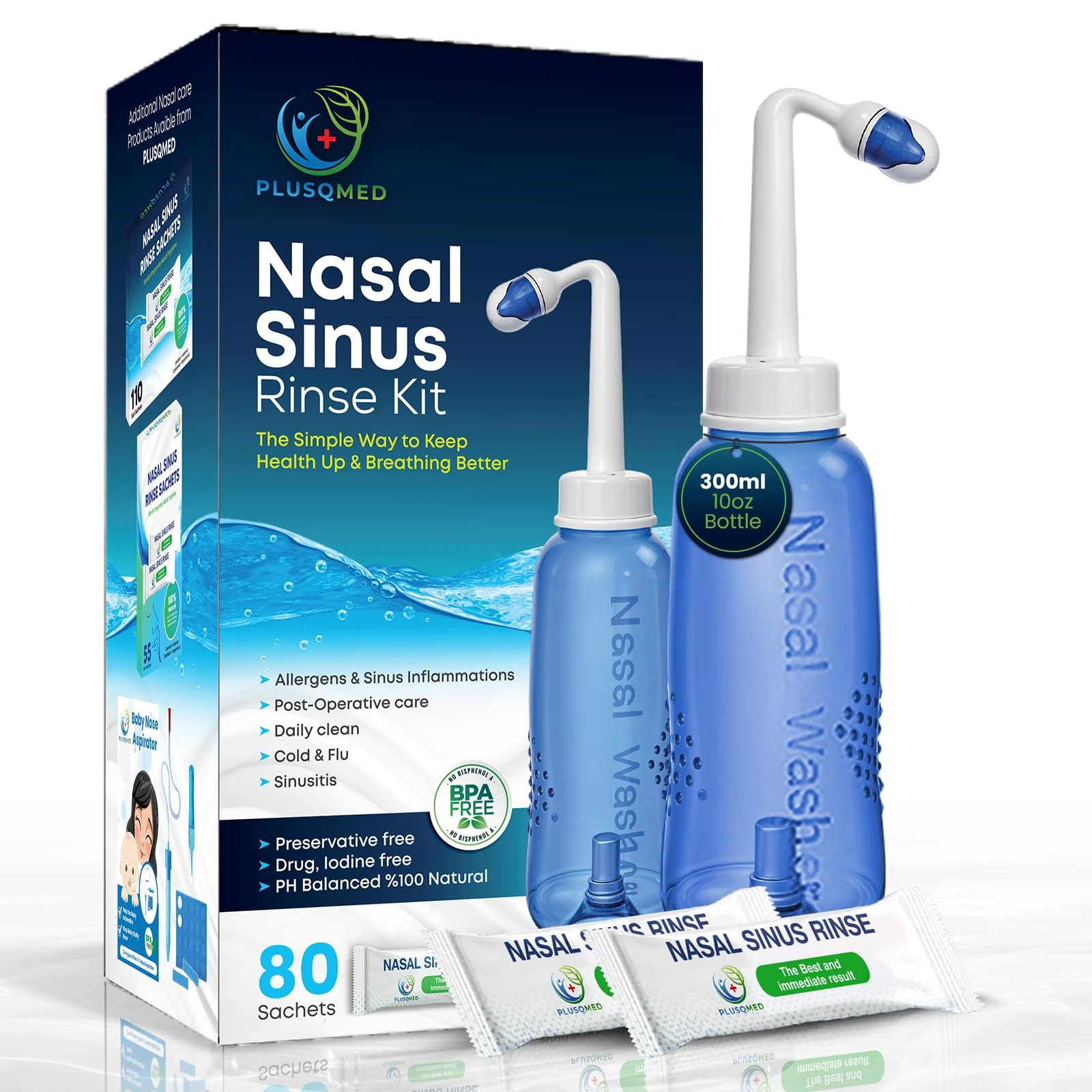 Nasal Rinse Kit – 300ml Neti Pot Bottle + 80 Saline Packets – Sinus Rinse System for Adults & Kids – Natural, Drug-Free, PH Balanced Nasal Wash for Allergy & Cold Relief