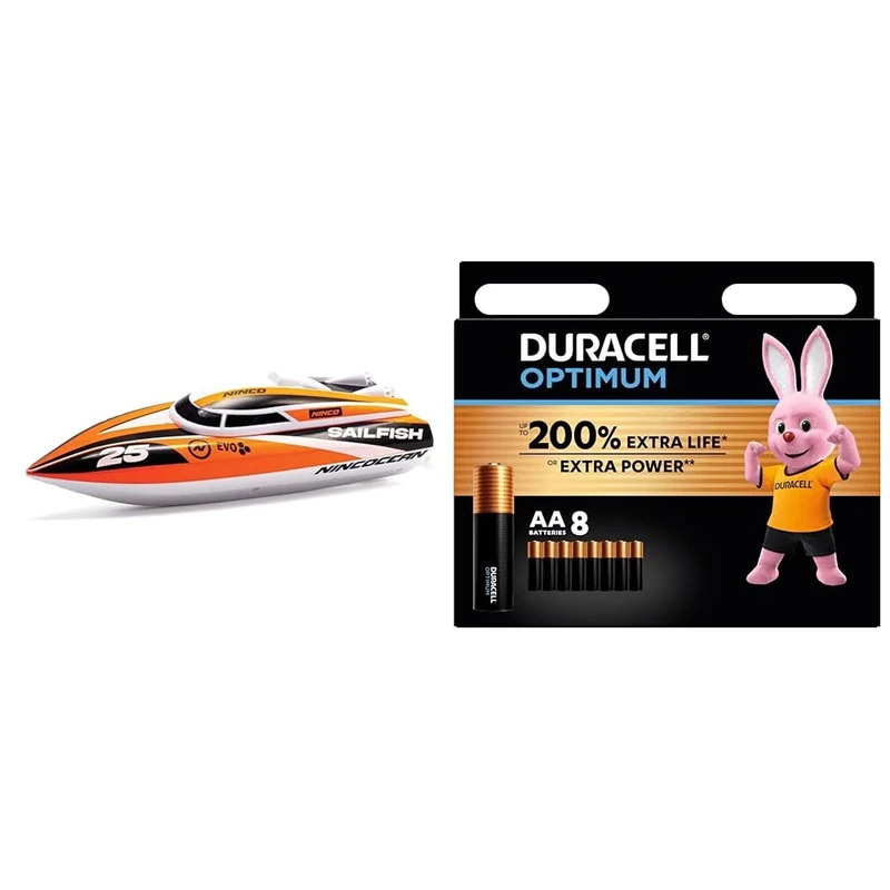 NincoBootOceanSailfishRemoteControlledBoatwithLargeRotationAngle.Transmitter2.4GHzColour:Orange.+6YearsNH99036 + Duracell Optimum AA Batteries (8 pack) - Alkaline Batteries 1.5V - Up To 200% Extra Lif