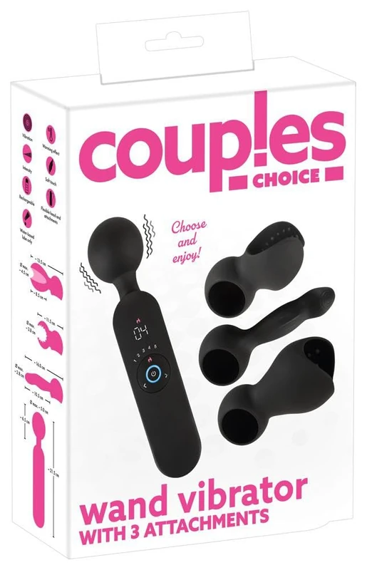 Couples Choice Wand Vibrator with 3 Attachments Black 21.5 cm
