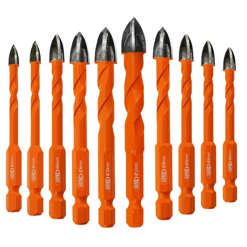 BGTEC Masonry Drill Bits Set - 5mm*2/6mm*4/8mm*2/10/12mm Tungsten Carbide Tip Tile Drill Bit Set for Ceramic Tile, Brick Wall, Concrete, Wall Mirror, Glass, Plastic and Wood Hex Shank.