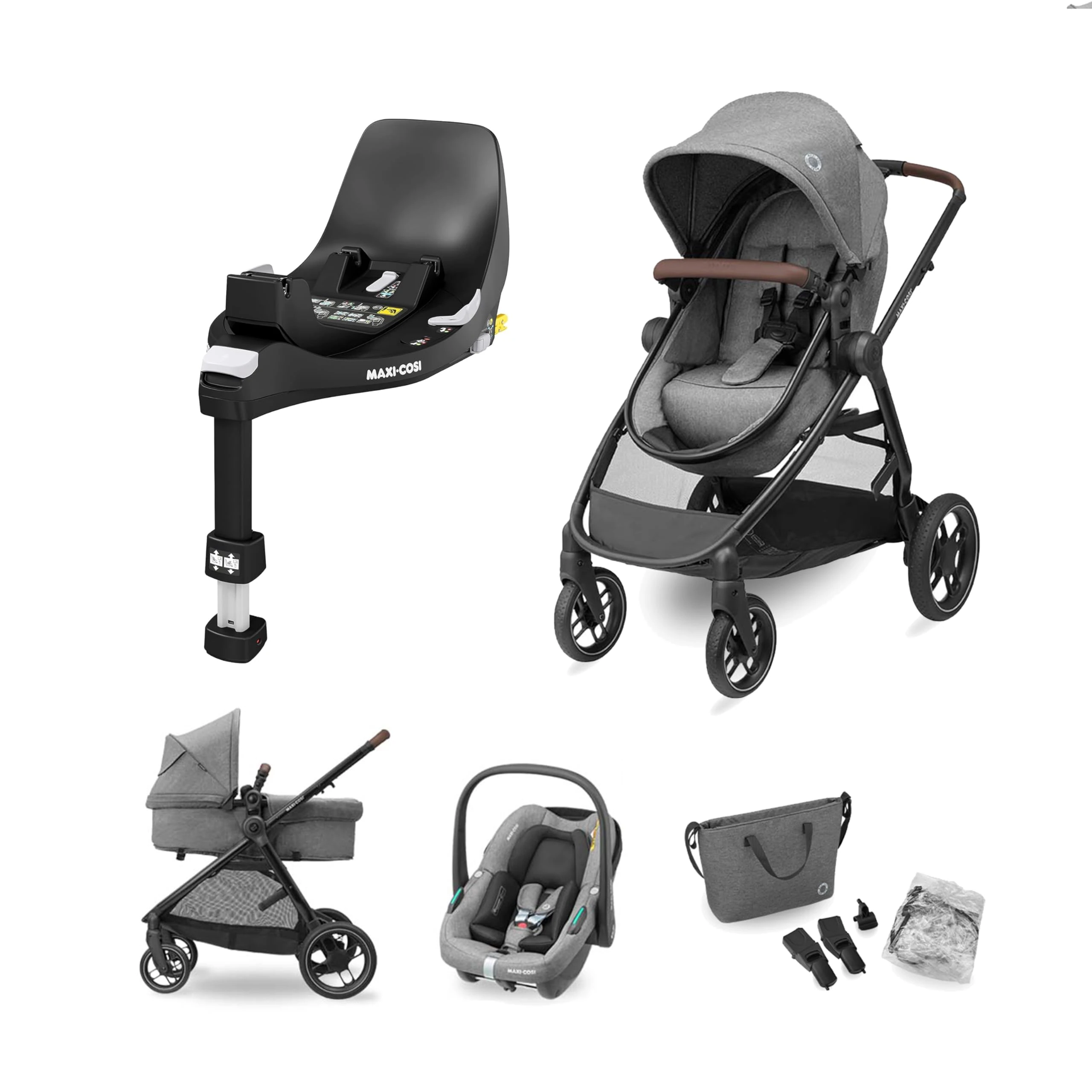Maxi-Cosi Zelia S Trio 3-in-1 Travel System, FamilyFix 360 Base Bundle - Baby Pushchair Travel System incl. CabrioFix S i-Size Car Seat, 0-4 Years, Up to 22 kg, Grey + FamilyFix 360 Swivel Base, Black