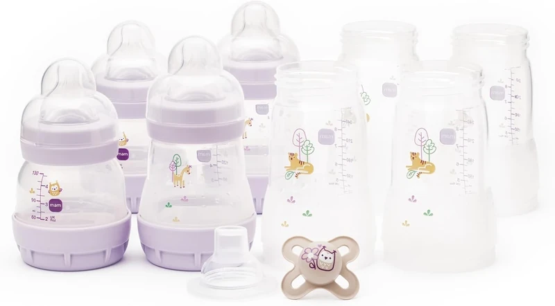 MAM Easy Start Anti-Colic Bottle Starter Set | Includes 4X Feeding Bottles and MAM Original Start 0-2 Month Soother | Self-Sterilising | Baby Gift Set of Newborn Essentials | Lilac (Various Designs)