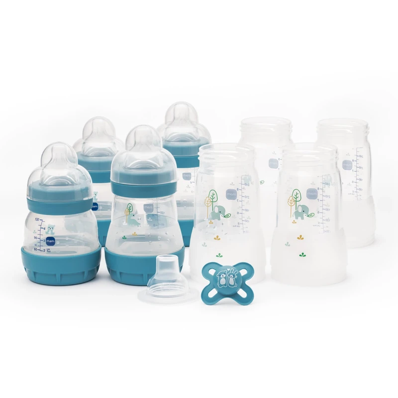 MAM Easy Start Anti-Colic Bottle Starter Set | Includes 4X Feeding Bottles and MAM Original Start 0-2 Month Soother | Self-Sterilising | Baby Gift Set of Newborn Essentials | Blue (Various Designs)