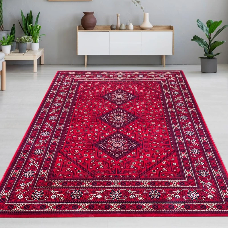 CARPETIA Oriental Rug with Ornamental and Diamond Pattern, Red, 160 x 230 cm