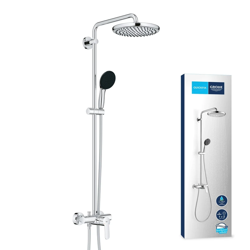 GROHE Vitalio Start 250 Shower System with Single-Lever Mixer (250mm Rain Head & 110mm 2-Spray Hand Shower, Water-Saving, Wall-Mounted, Includes QuickSpanner Installation Tool), Chrome, 26679001
