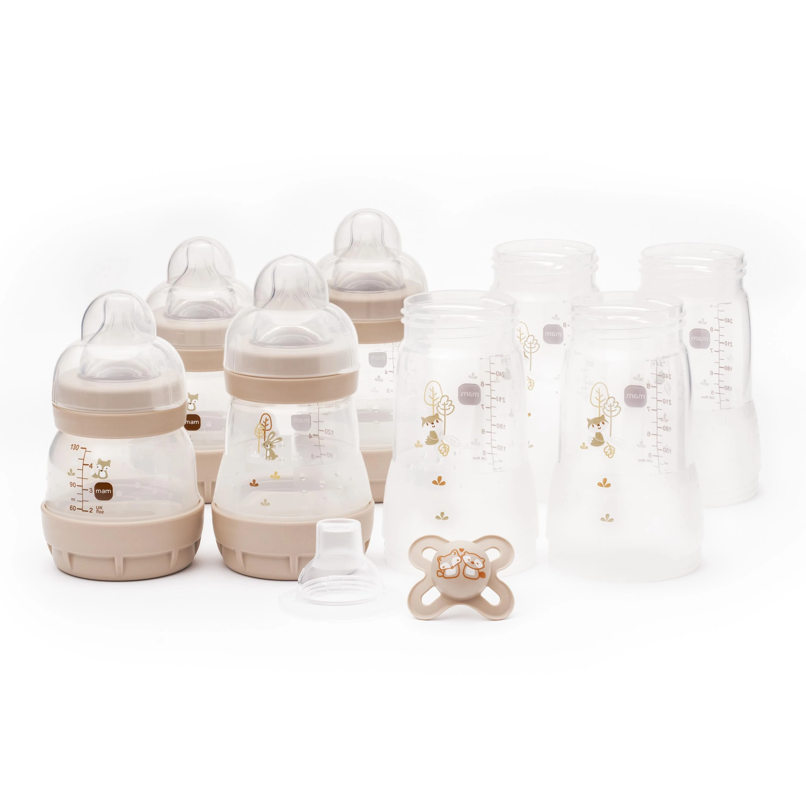MAM Easy Start Anti-Colic Bottle Starter Set | Includes 4X Feeding Bottles and MAM Original Start 0-2 Month Soother | Self-Sterilising | Baby Gift Set of Newborn Essentials | White (Various Designs)